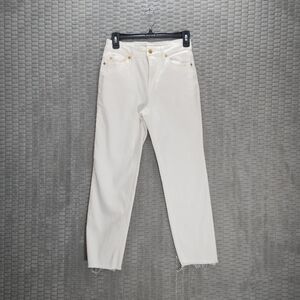 Oat New York-White Straight Leg Jean-Raw Hem-Gold Seashell Buttons-Coastal-Sz 27